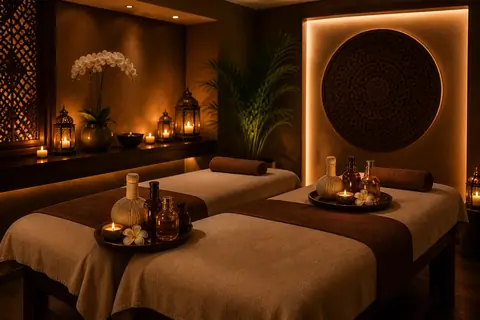 Couples massage setup with rose petals, Business Bay spa