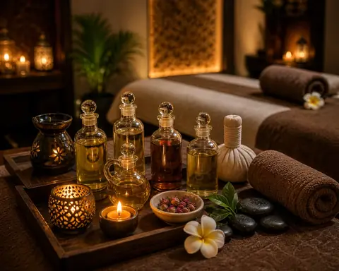 Massage oils and hot stones laid out for treatment