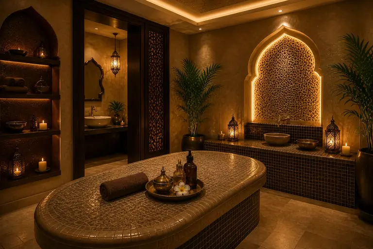 Moroccan hammam wash room with traditional tilework, Dubai